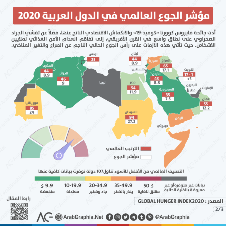 انفوجرافيك مؤشر الجوع العالمي GHI في الدول العربية 2020
